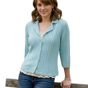 Heather B Cardigan Cottage Cable Knit Womens Small Y2K Chunky Boho Cotton Aqua